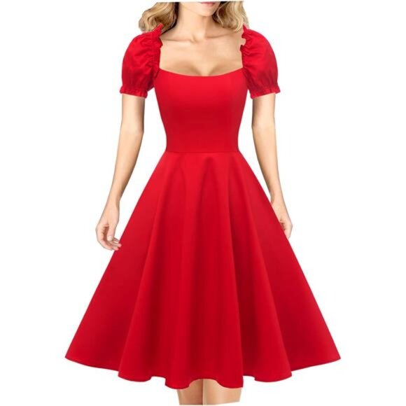 Dresses & Skirts - Women's Puff Short Sleeve 1950s Party Dresses Red